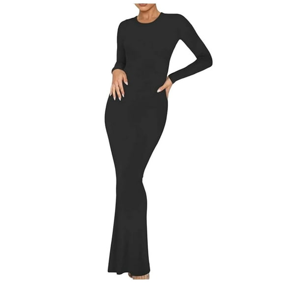 DHFJKG Dresses For Women Slim Fit Crewneck Long Sleeve Solid Color Maxi Dress Party Club Teacher Casual Office Soft Dresses
