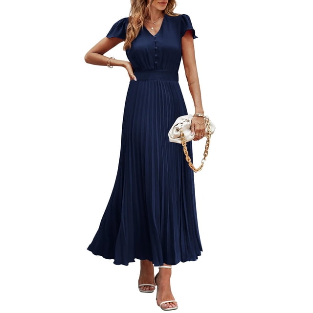 Vestido largo PRETTYGARDEN Verano 2025 con cuello en V y volantes, azul marino