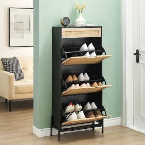 Armoire à Chaussures avec 3 Tiroirs Basculants et Tiroirs Simples, Armoire de Rangement en Bois Caché Rotin, 3 Vitesses Réglables Organisateur de Chaussures Autoportant Adapté pour Entrées Couloir, 9.4 Pouces P x 24 Pouces L x 53.7 Pouces h