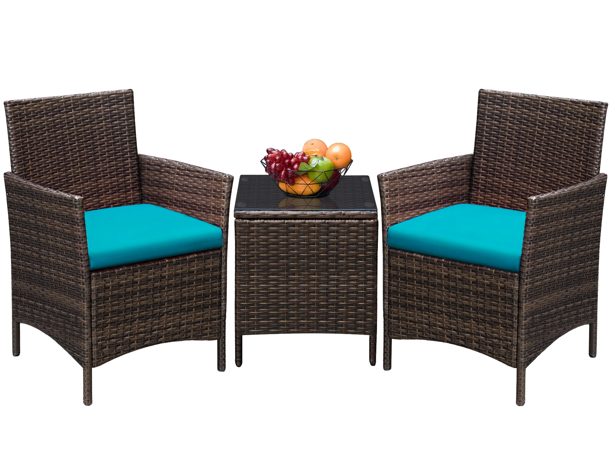 Devoko 3 Pieces Patio Furniture Set Outdoor Conversation Set Wicker Bistro Chairs Set of 2 with Coffee Table for Porch Backyard Balcony,, Brown/ Blue