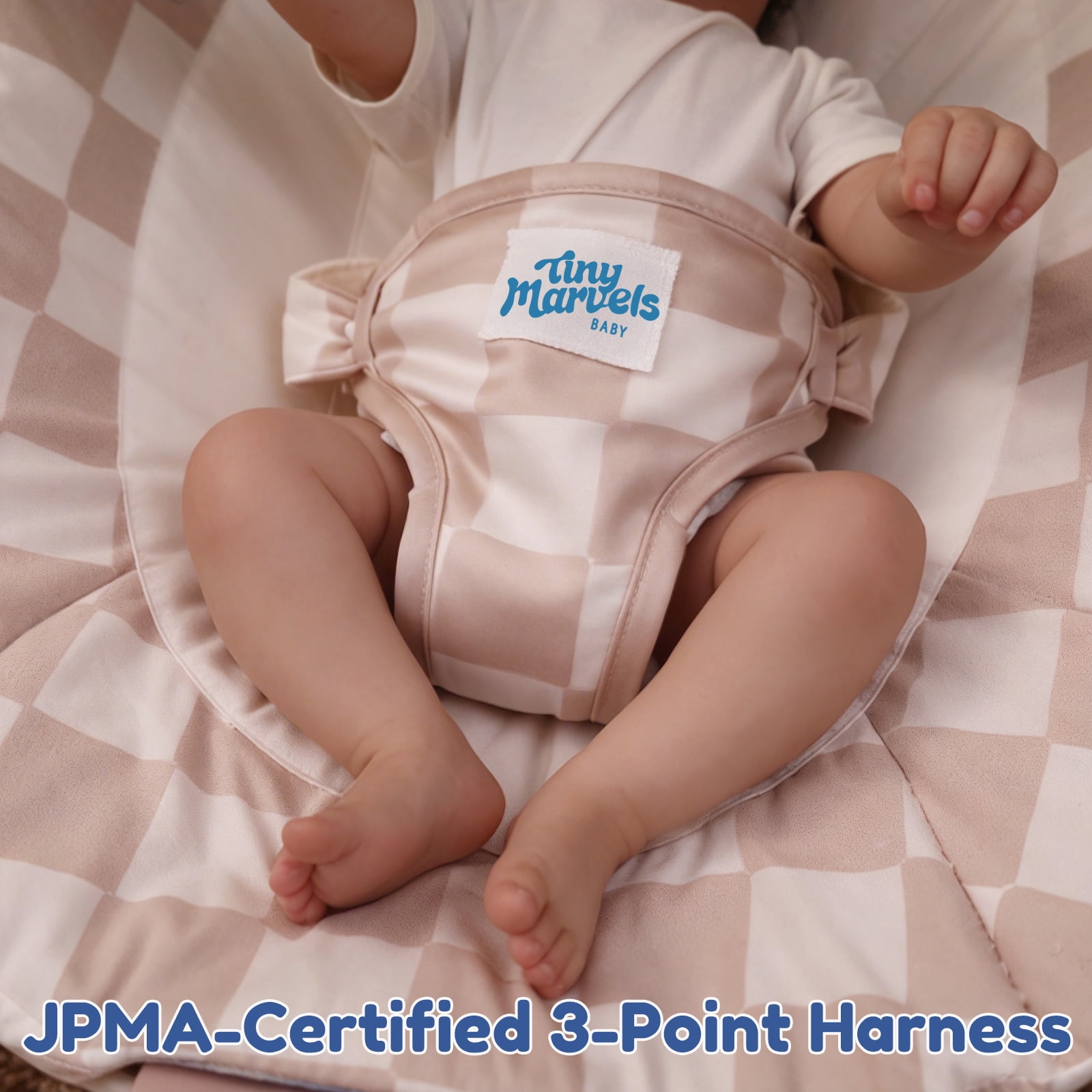 Tiny Marvels Baby Bouncer Seat with Soothing Vibrations and Music Sensory Toy, Age 0-6 Months(Sand Checks)