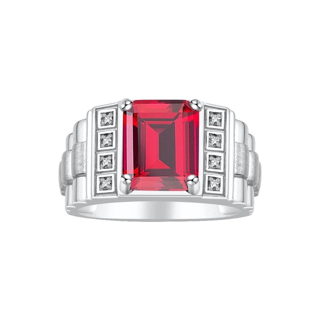 RYLOS Men's Rings Sterling Silver Designer Style 10X8MM Emerald Cut Shape Gemstone & Diamonds Ruby July Birthstone Rings For Men Size 12