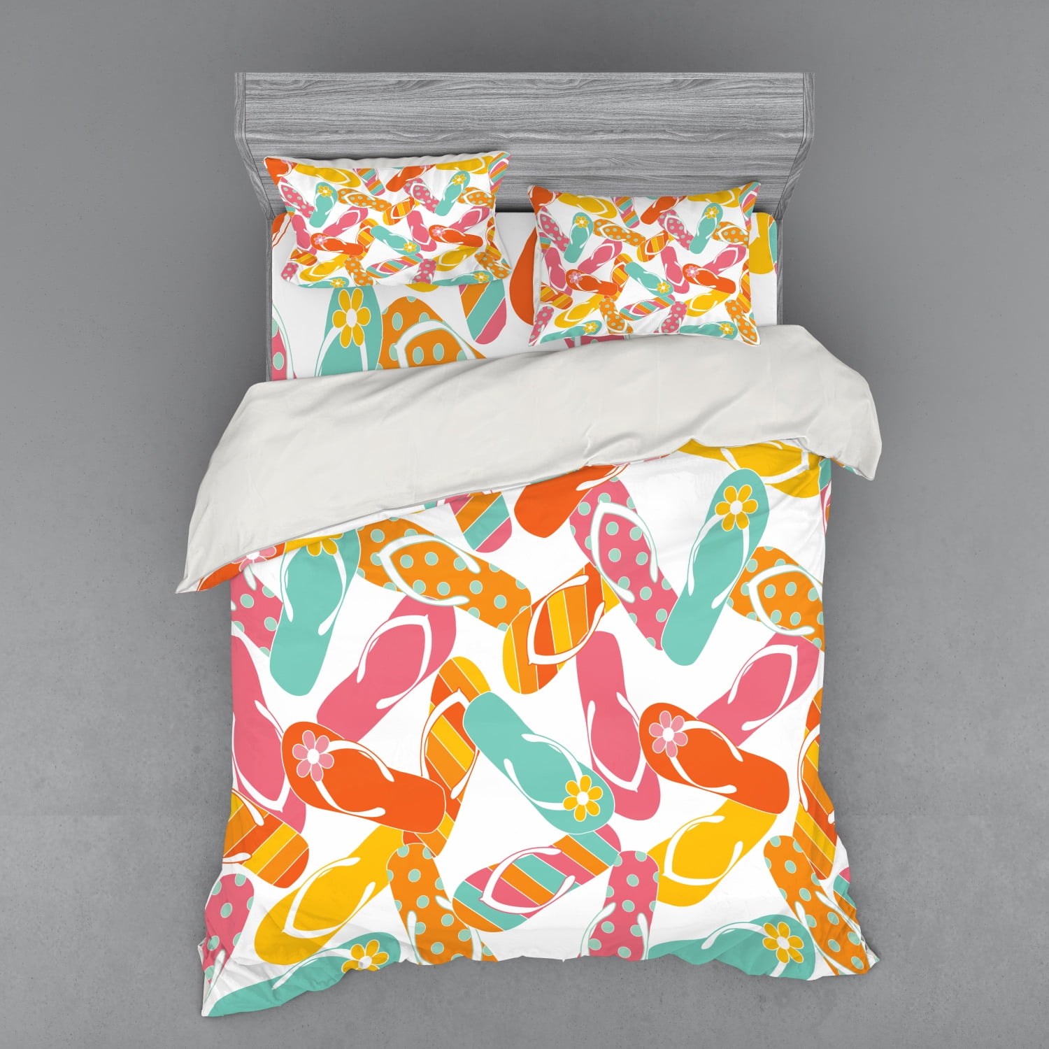 Summer Duvet Cover Set, Colorful Bunch Flip Flops Sandals Pattern Relax