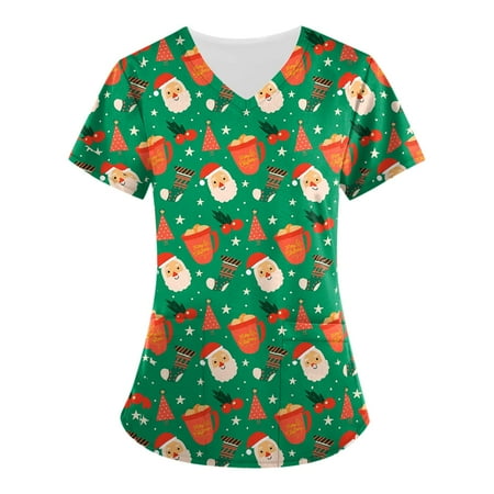 

Women Scrub Tops Christmas Short Sleeve V Neck Snowman Printed Top Nursed Working T Shirts Blouse With Pockets