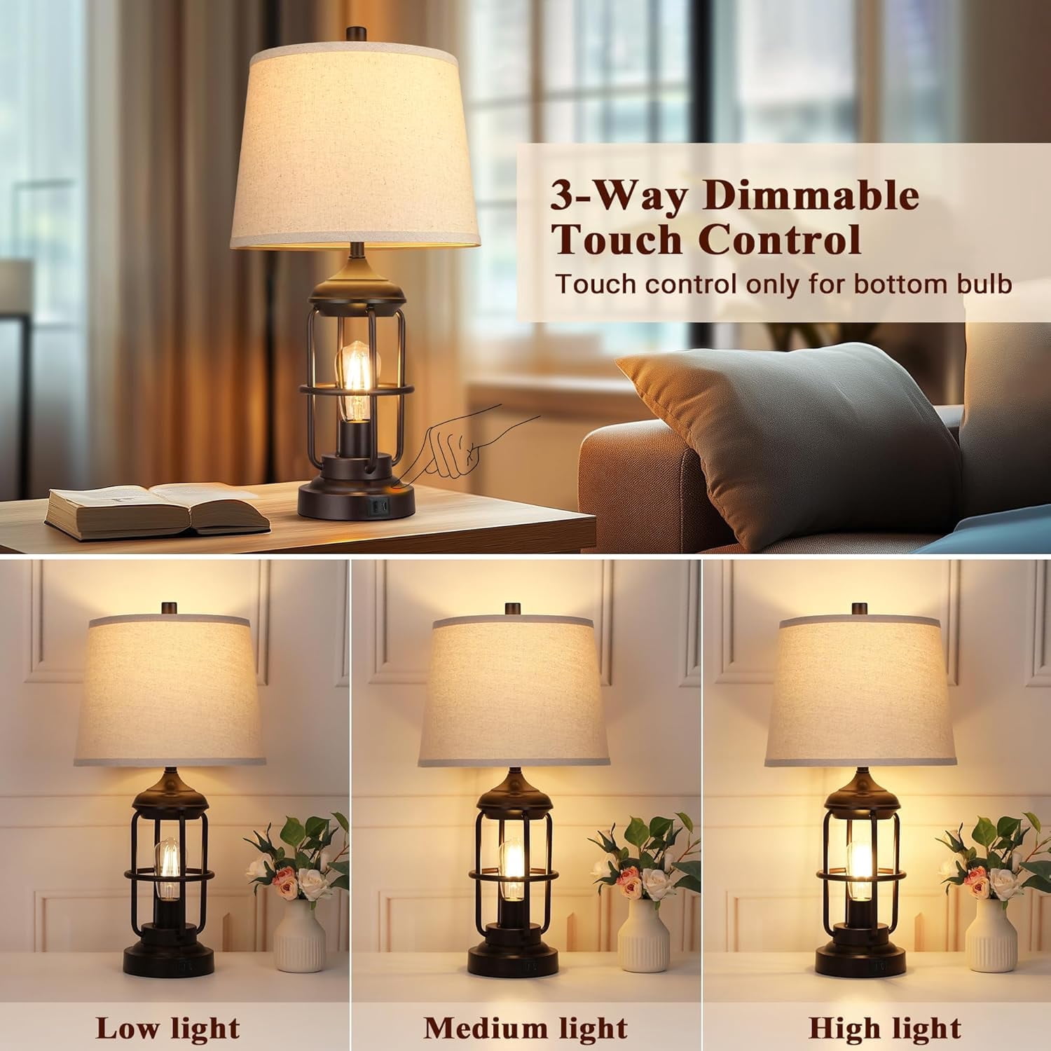 Newest Set of 2 Rustic Table Lamps with USB Ports, 3-Way Touch Control Dimmable Bedside Lamps with Dual Lighting, Farmhouse Nightstand Lamps with Included LED Bulbs