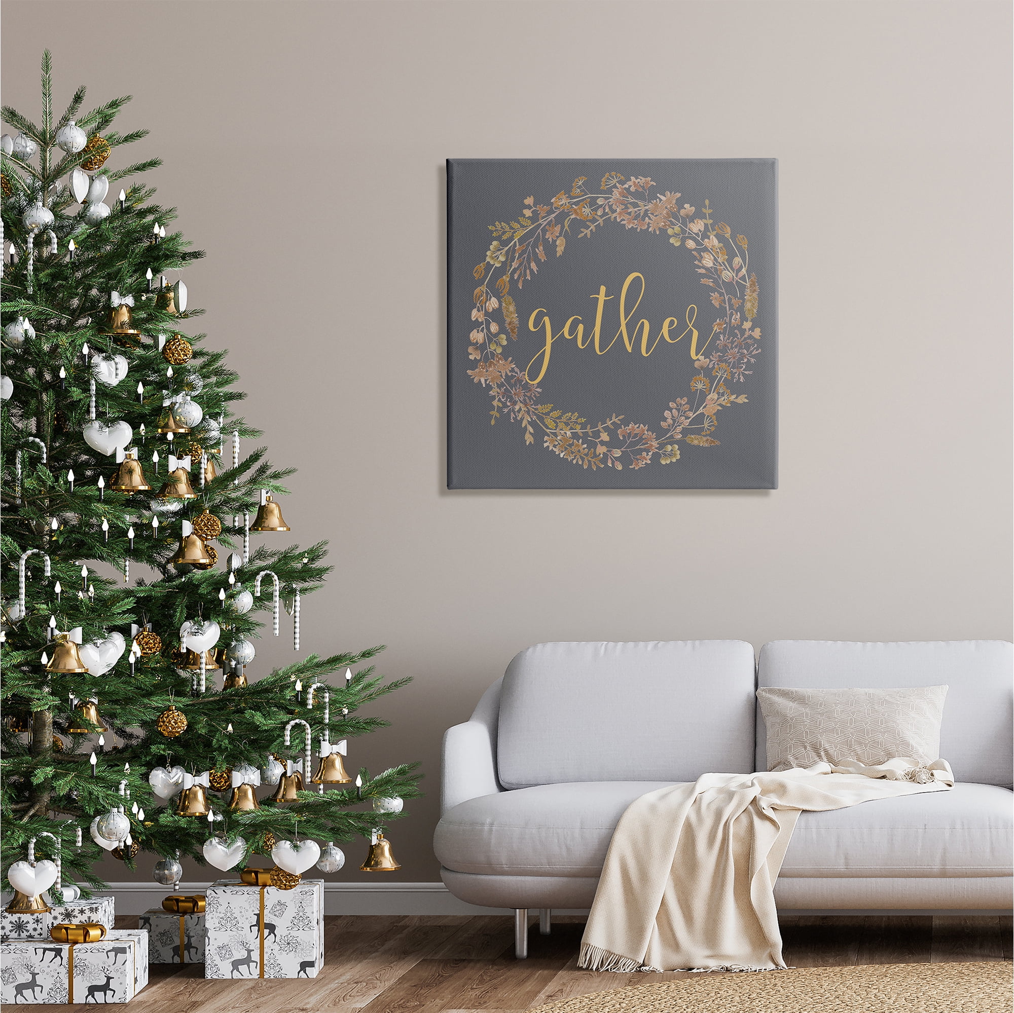Stupell Industries Gather Calligraphy Rustic Autumn Botanical Blooms Wreath Graphic Art Gallery Wrapped Canvas Print Wall Art, Design by Lettered and Lined