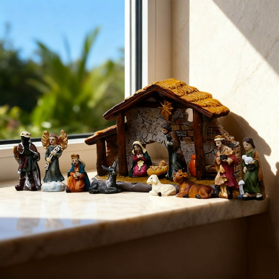 Gallickan Nativity Set, Christmas Manger Scene, Religious Resin Crafts, 12 Pcs Jesus Birth Ornament, for Christmas Gifts and Home Altar Decoration
