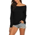 thumbnail image 3 of Women's Long Sleeve Boat Neck Off Shoulder Blouse Tops Black, 3 of 5