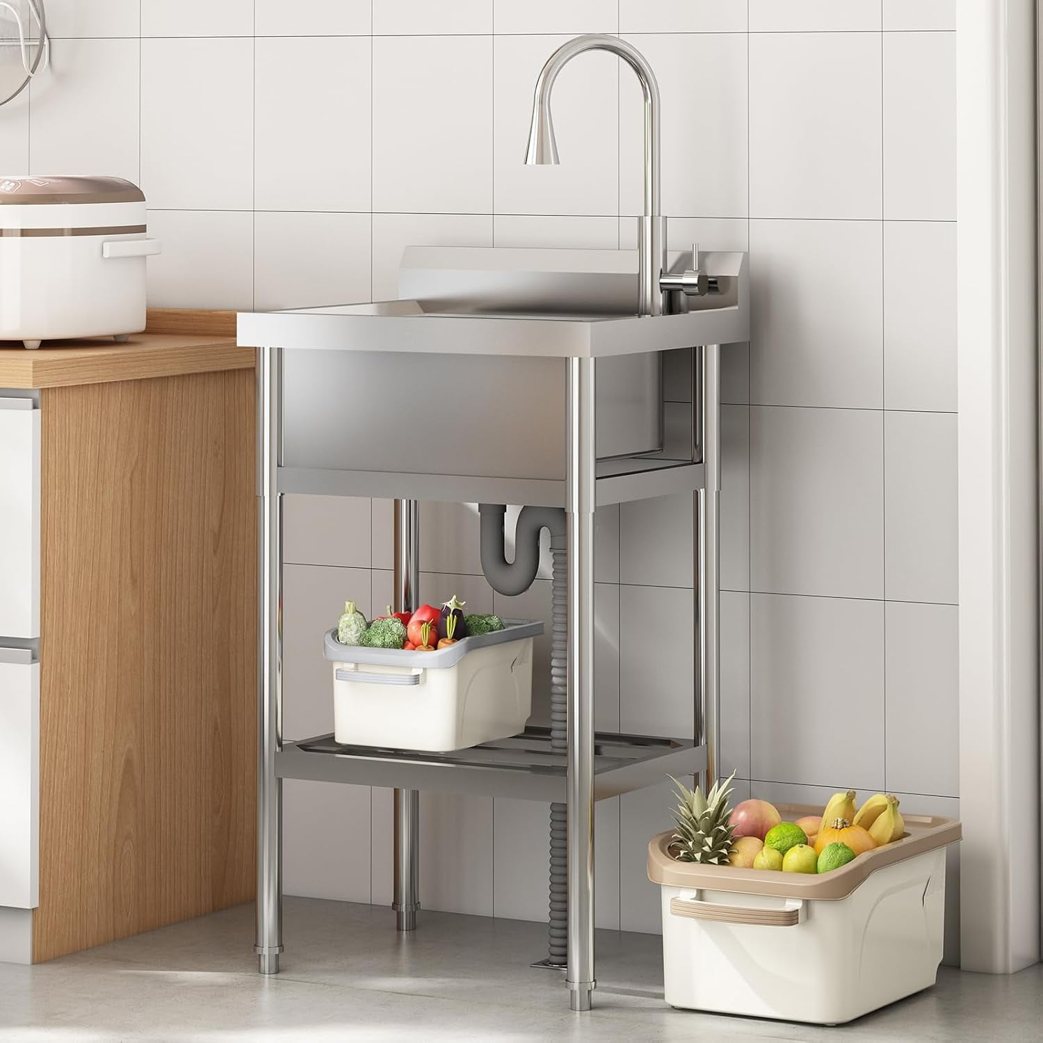 TROPOW 24x20x42 Inch Stainless Steel Utility Sink, Freestanding Single Bowl with Cold and Hot Water Pipe and Faucet, Commercial Sink Kitchen Sink for Restaurant Laundry Room Bathroom Garage Garden