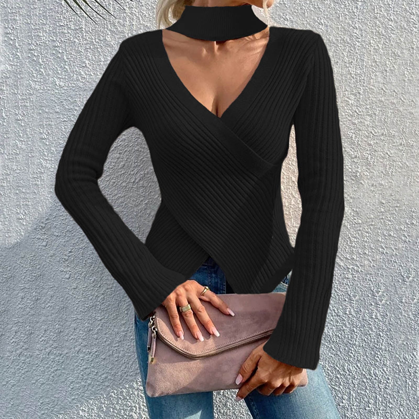 XFLWAM Womens V Neck Criss Cross Wrap Sweaters Halter Long Sleeve Knitted  Tops Slim Fitted Solid Color Choker Blouse Beige M