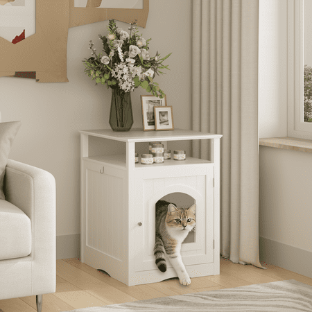 Cat Litter Box Enclosure Furniture Indoor Wooden Cat House with Enclosed Cabinet Hidden Litter Box Furniture with Storage Shelf Modern Cat Condo Side Table for Living Room or Bedroom