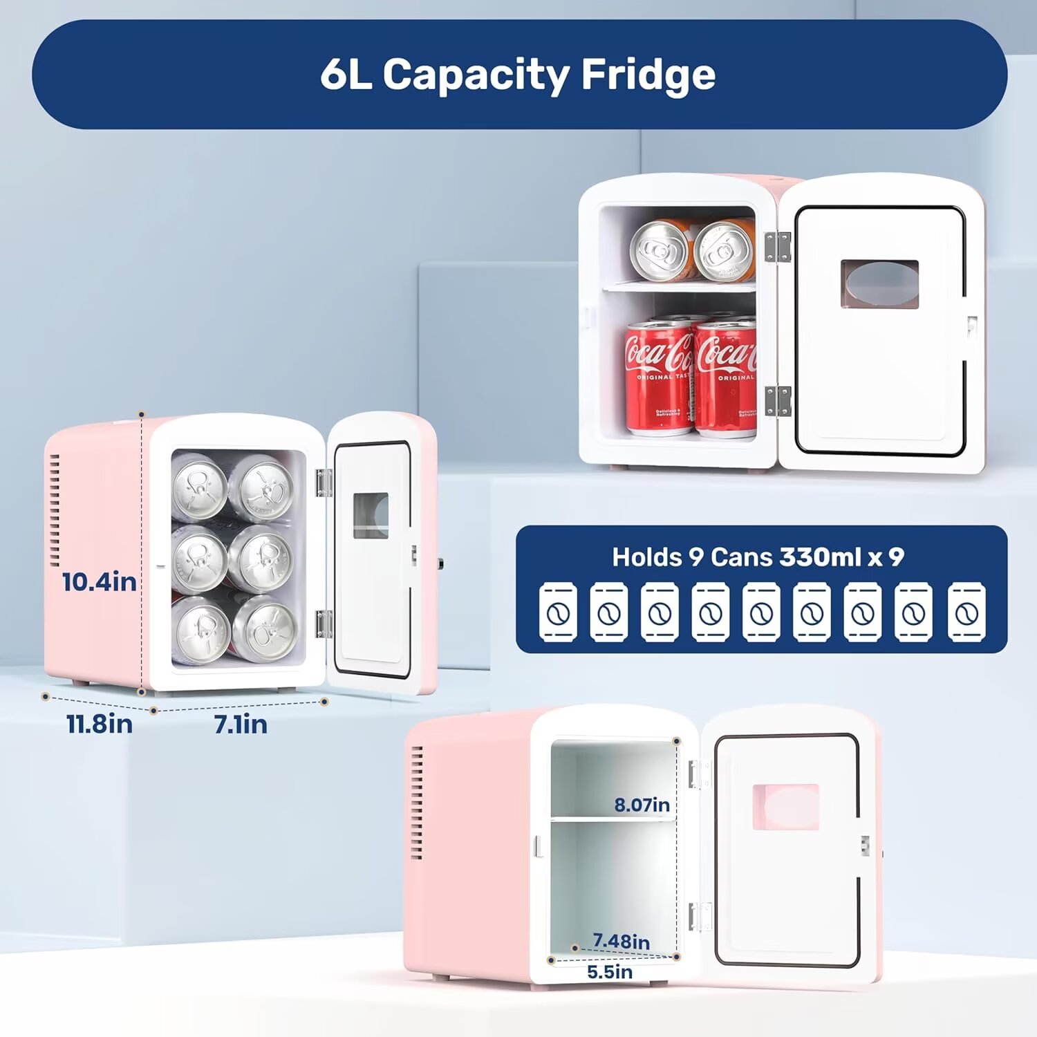YSSOA Mini Fridge for Bedroom, Car, Office & Dorm Room - 9 Can Small Refrigerator - AC/DC 12V Portable Cooler & Warmer, 6L with Window, Pink