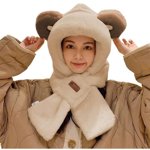 Caywon Integrated Ear Protection Windproof Scarf Thickened Hat Scarf Solid Color Warm Hat Scarf Set Warm Cozy Soft Cold Weather Accessory Ear Covering Design