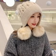 thumbnail image 4 of Skymirror Women Knitted Hat Three Pompoms Solid Color Brimless Windproof Autumn Winter Thermal Beanie Hat Ear Flap Hat Daily Wear, 4 of 8
