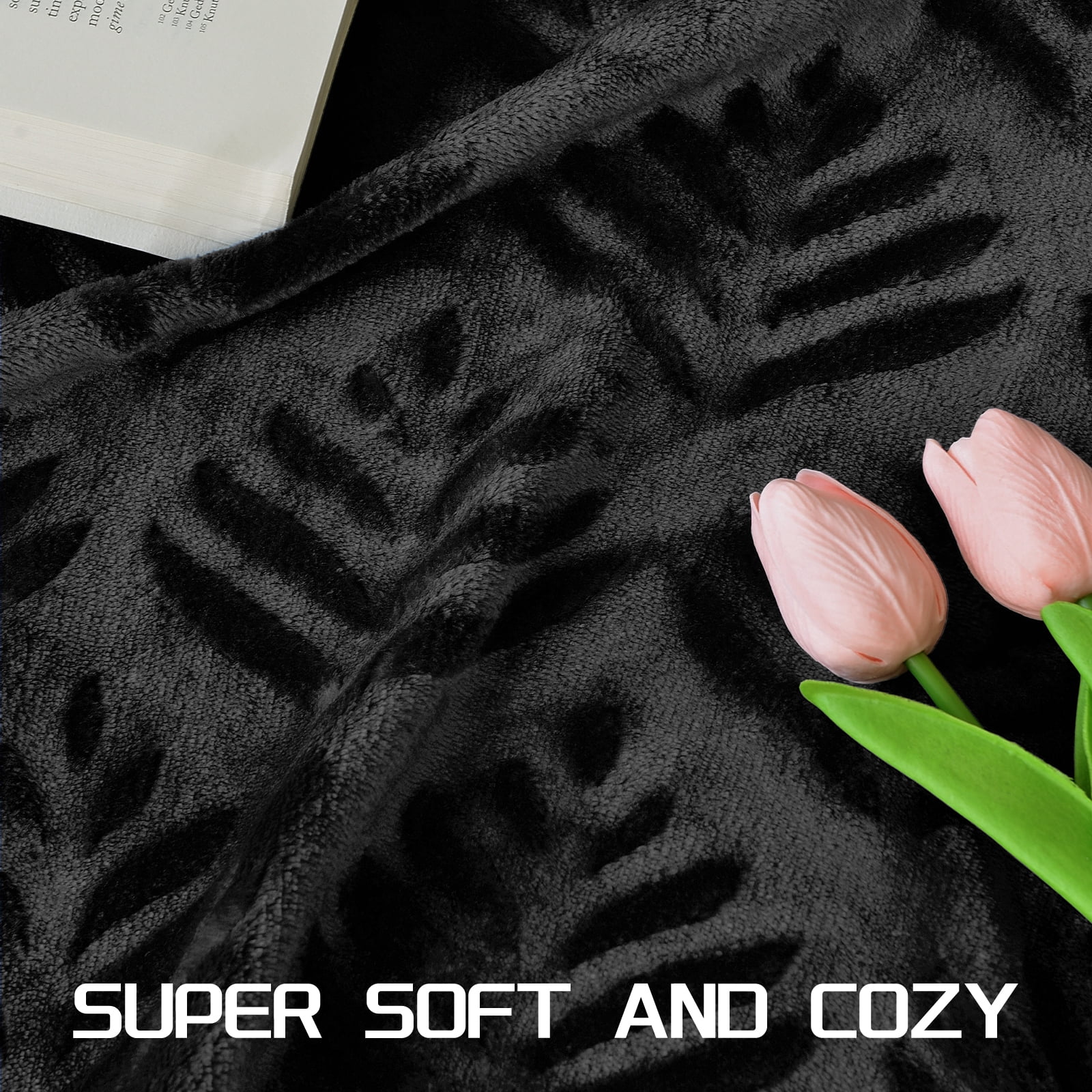 Exclusivo Mezcla King Size Fleece Blanket for Bed, Leaves Pattern Super Soft and Cozy Blankets, Plush Fuzzy Lightweight, Black, 90"x104"
