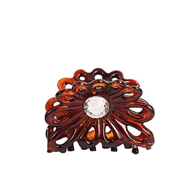 Caravan Hand Decorated Flare Sun Flower Tort Shell Hair Claw with Large Swarovski Oval Crystal Stone 2 Sided, Small, .65 Ounce