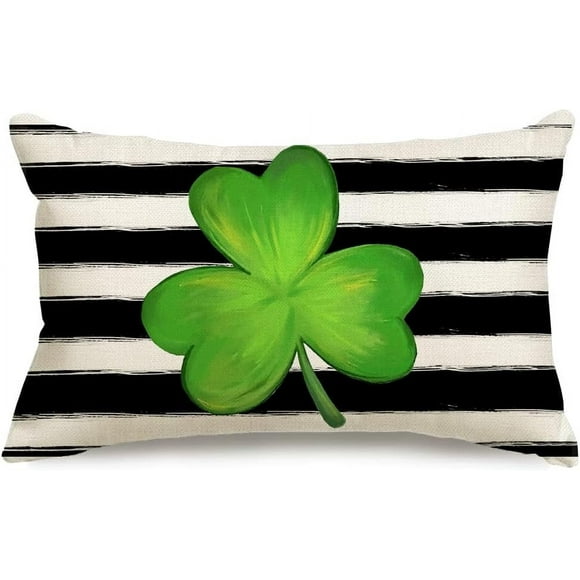 Décorations de la Saint-Patrick Housses de Coussin Lombaire 12x20 Pouces, Décorations Rayées Trèfle Vacances Printemps Housse de Coussin Décorative pour Canapé Vert et Noir