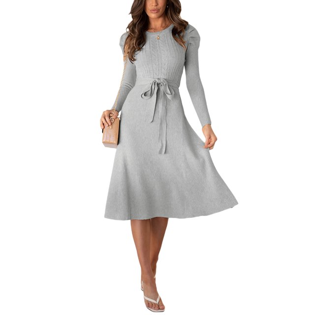 SAYOO Vestido Midi de Punto para Mujer, Sexy Manga Larga Puff Cuello Redondo Color Sólido Vestido con Lazo en la Espalda SAYOO Moda