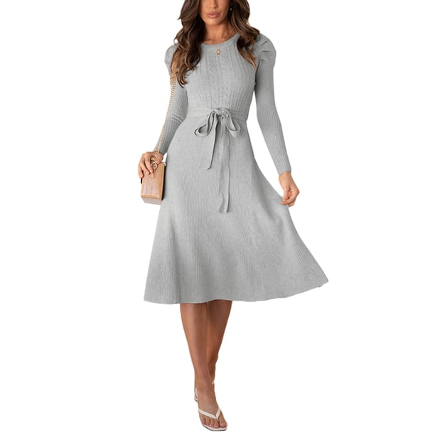 Txlixc Vestido Midi de Punto para Mujer, Sexy Manga Larga Puff Cuello Redondo Color Sólido Vestido con Lazo en la Espalda Txlixc Moda