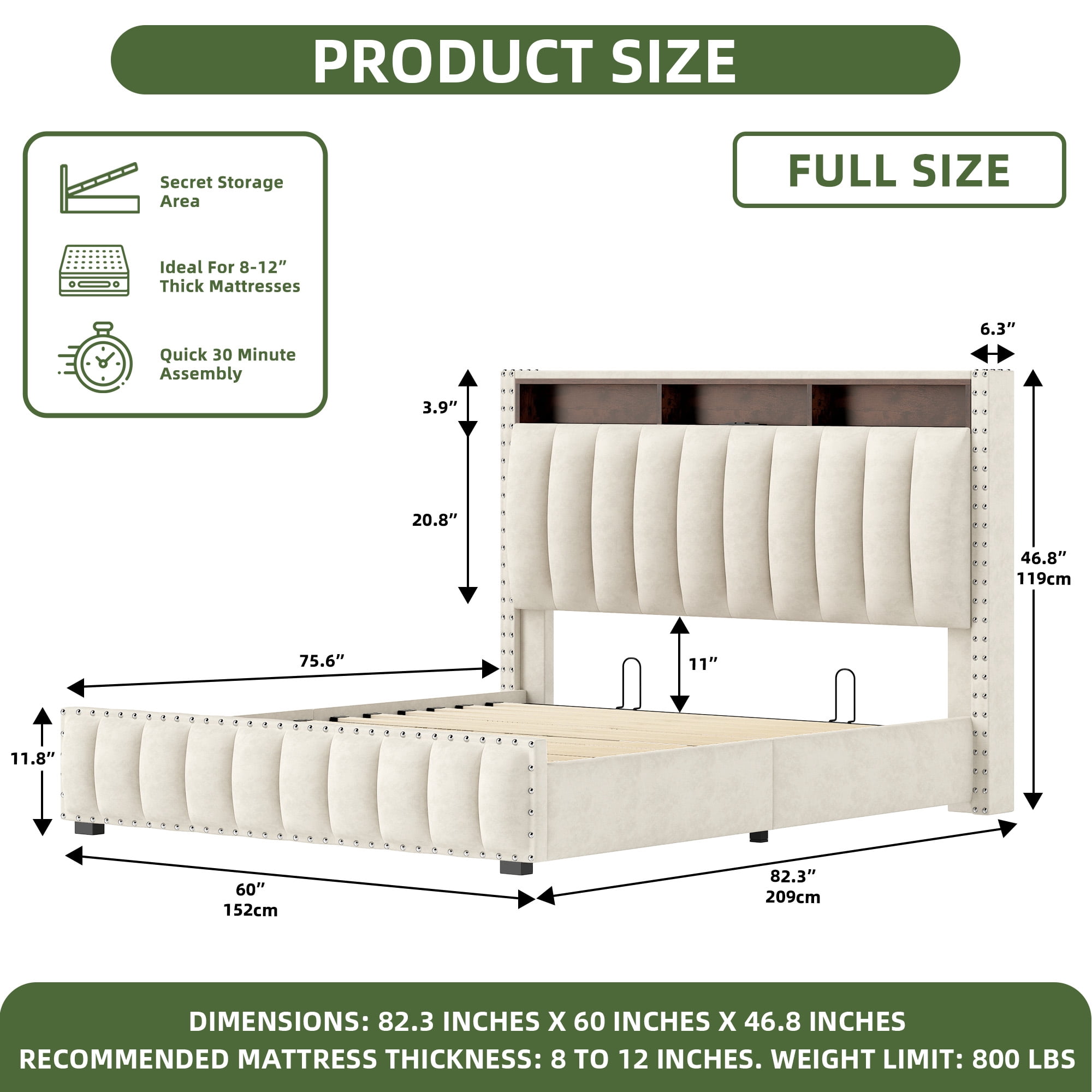 Uforic Full Size Lift Up Bed Frame with LED Lights & Power Outlets, Storage Bed with Upholstered Headboard, Beige