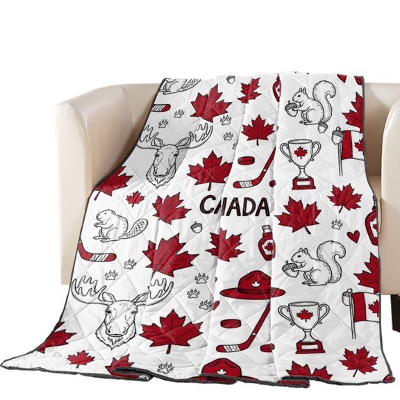 Happy Canada Day Quilted Comforters Cooling Blanket Queen Size, Red Maple Leaf Flag Line Beaver Squirrel Cold Comfort for Hot Sleepers Lightweight Air Conditioning Quilt Blanket for Bed