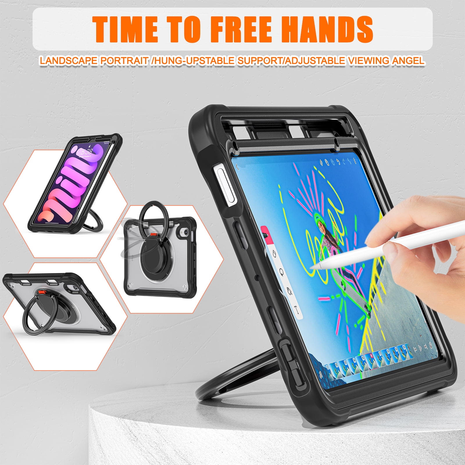 Dteck Case for iPad mini (A17 Pro) 8.3 inch 2024 / iPad mini 6th Generation,Military Grade Shockproof TPU Protective Cover for Kids with Stand -Grip Handle - Shoulder Strap - Pencil Holder,Black