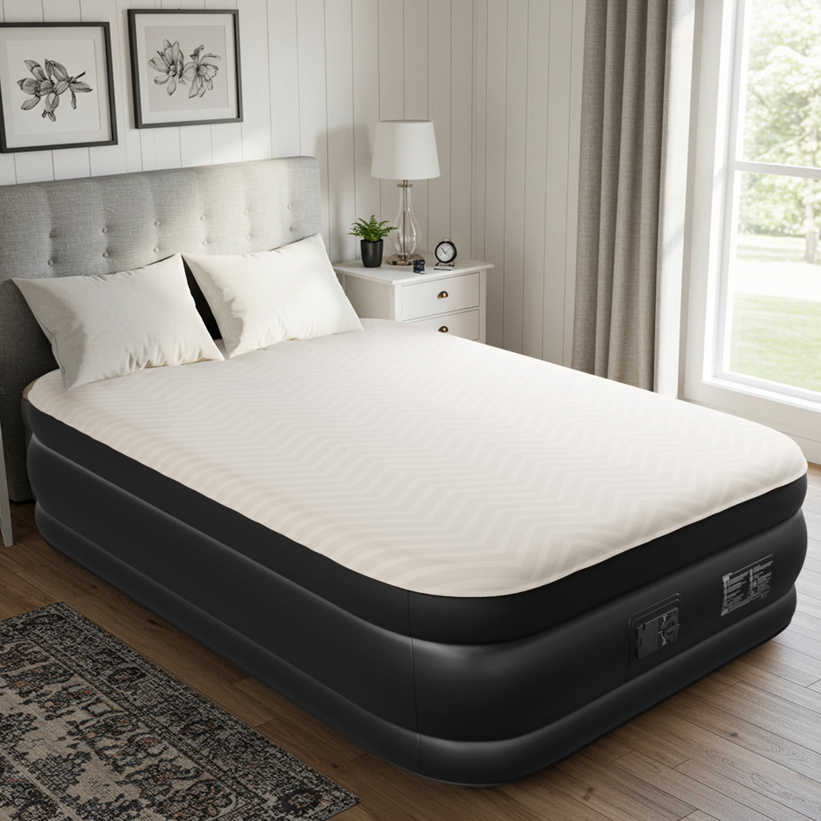 Ktaxon 18" Queen Air Mattress, Foam Flocking Airbed with Built-in Pump,Elevated Inflatable Bed for Home Cmaping & Guests, Beige & Black