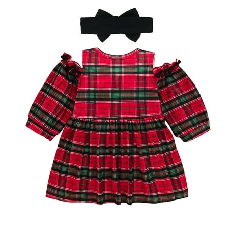 

Musuos Girl’s Casual Long Sleeve Dress Fashion Plaid Off-shoulder A-line Short Dress and Headband