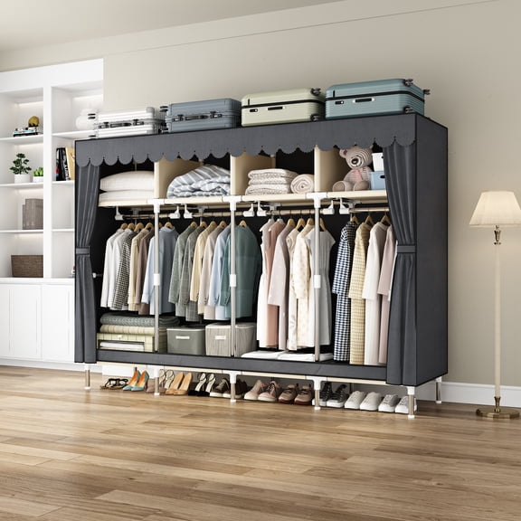 Portable wardrobe cabinet with 4 storage spaces and 4 clothing hanging space,thick non-woven fabric clothing storage Closet Organizer suitable for use in living room, students' dormitories.