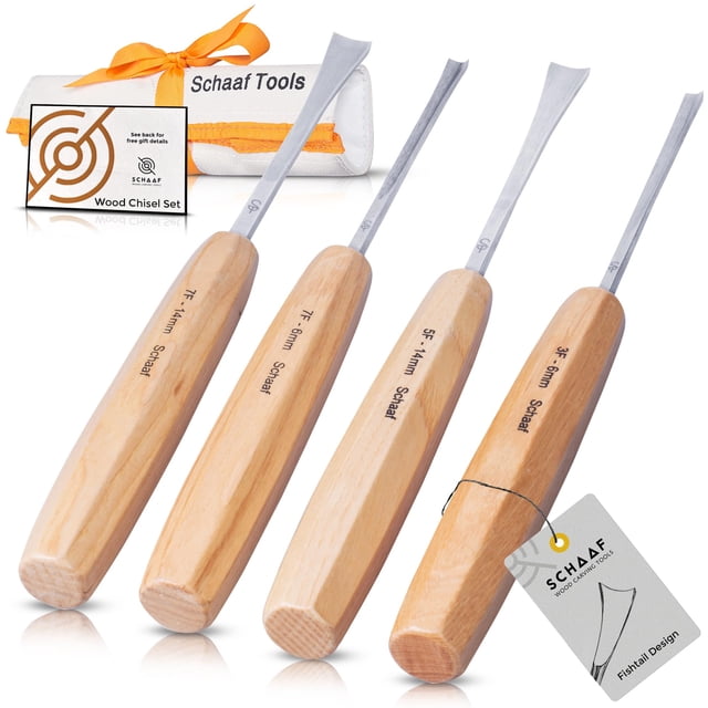 Schaaf Wood Carving Tools Ensemble de 4 Gouges Queue de Poisson, Poignées en Bois de Frêne, Lames en Acier Chromé-Vanadium, Biseautés pour Débutants et Professionnels