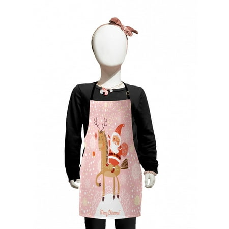 

Christmas Kids Apron Happy Doodle Santa Riding a Reindeer on a Snow Dune and Pastel Snowflakes Boys Girls Apron Bib with Adjustable Ties for Cooking Baking Painting Rose Multicolor by Ambesonne