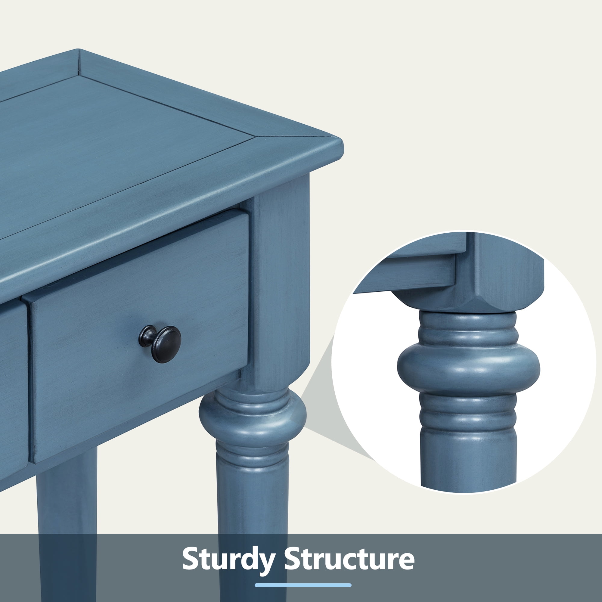 MAYEERTY Vintage Console Table with 4 Drawers, Entryway Table with Open Shelf for Hallway & Living Room, Navy Blue