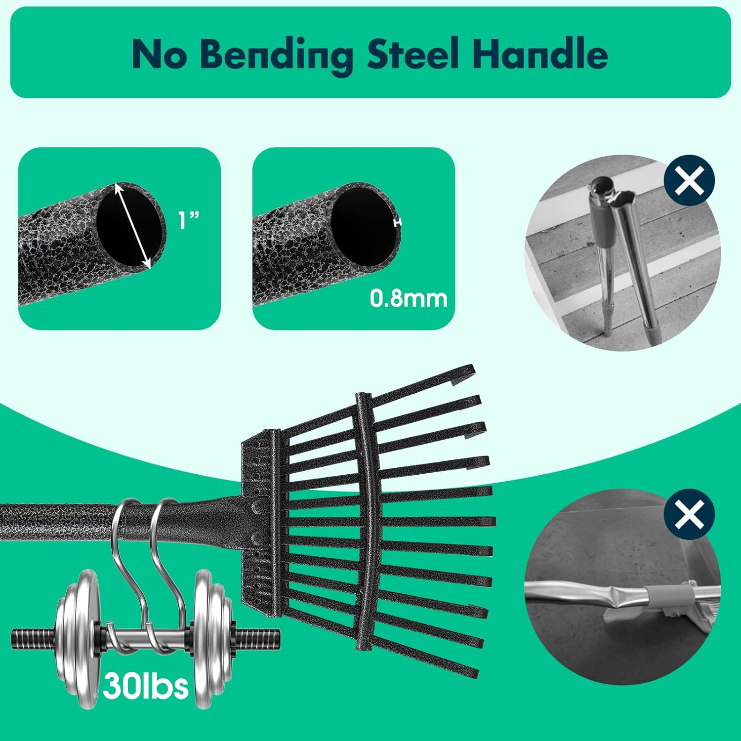 OLIYNEDY 60 inch Heavy Duty Small Garden Rake 11 Metal Tines -8.5 inch Wide, Adjustable Steel Handle