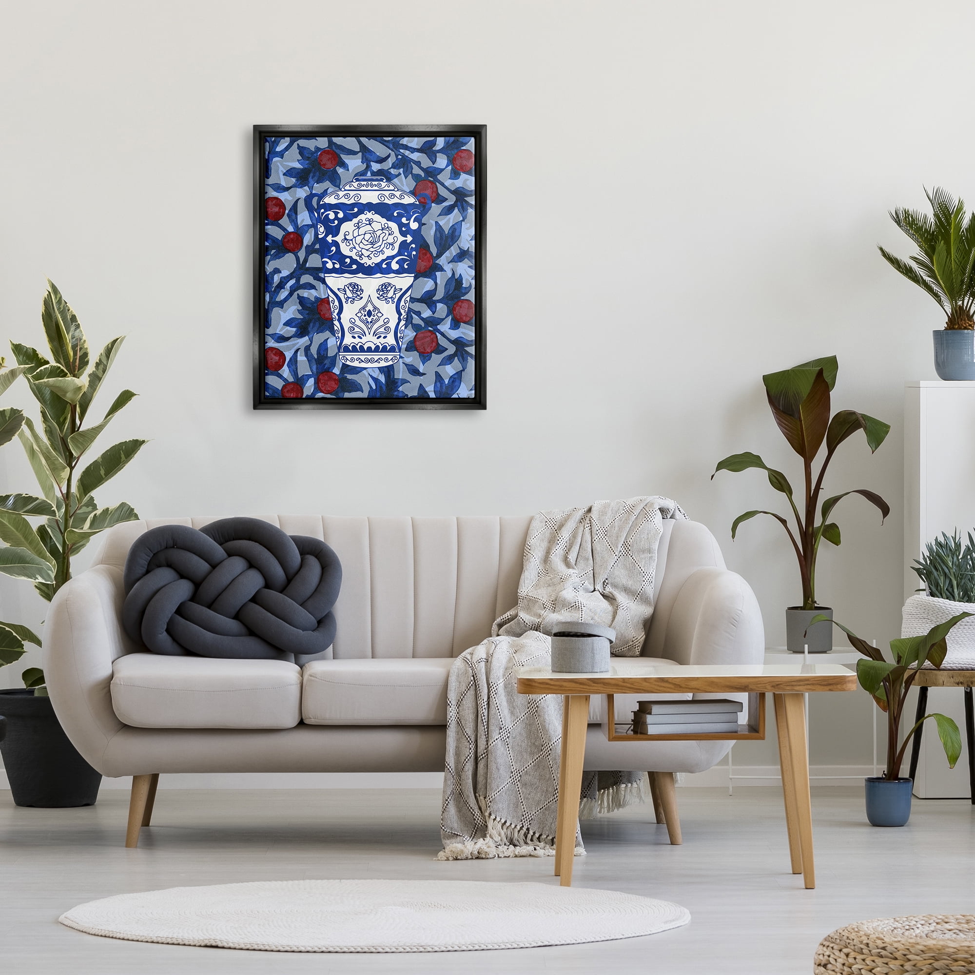 Stupell Industries Ornate Vase Red & Blue Pattern Botanical & Floral Painting Black Floater Framed Art Print Wall Art