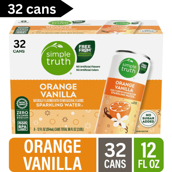 Simple Truth Canned Orange Vanilla Sparkling Seltzer Water, 12 fl oz Cans, 36 Pack, Refreshing Natural Sparkling Beverage, Zero Calories, Caffeine Free