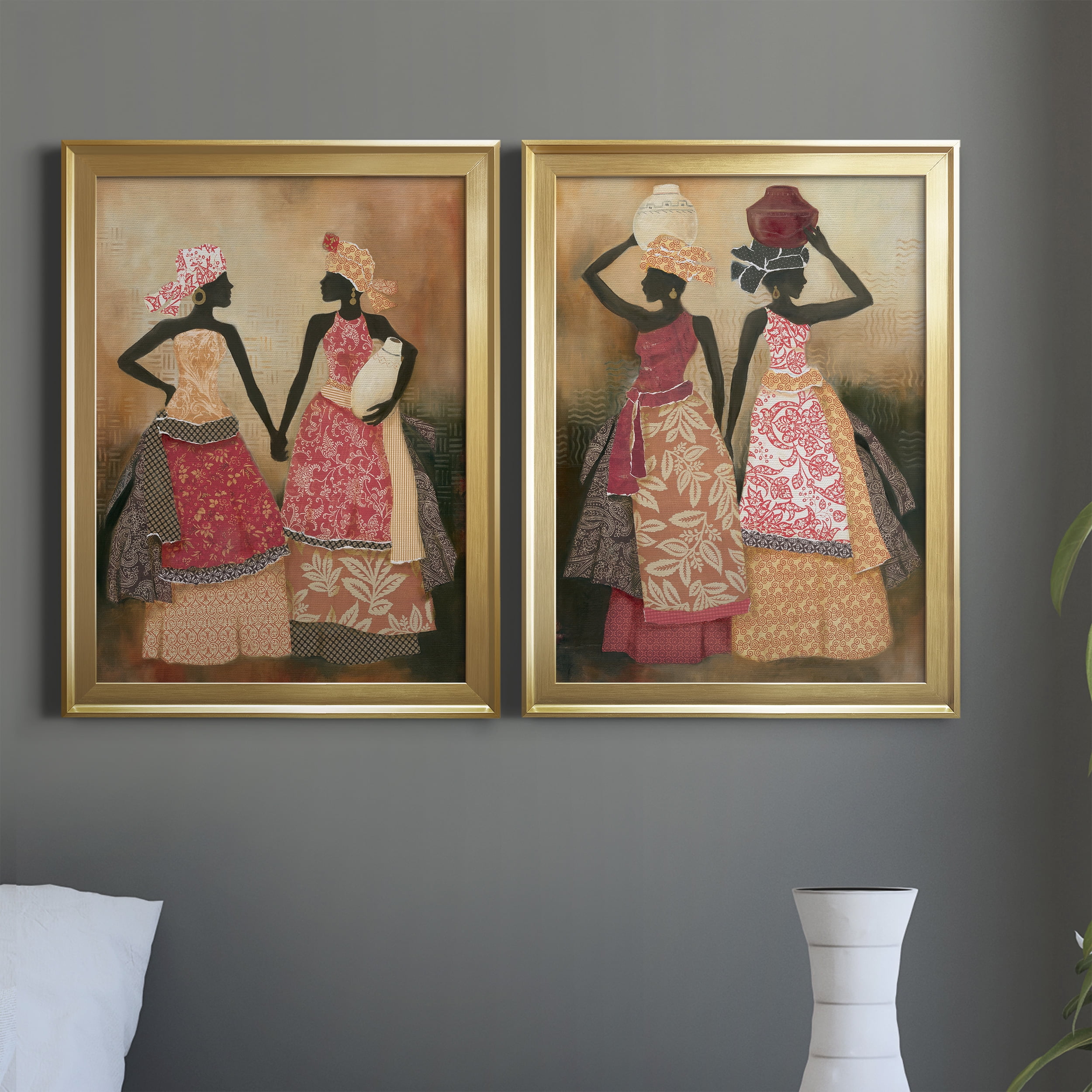 2 Piece Set Village Women I Premium Framed Canvas - Ready to Hang - 18.5 x 24.5 Each - Gold Frame