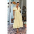 thumbnail image 4 of Women'S Elegant V Neck Solid Puff Sleeve Button Lady Beach Party Dress Yellow M, 4 of 8