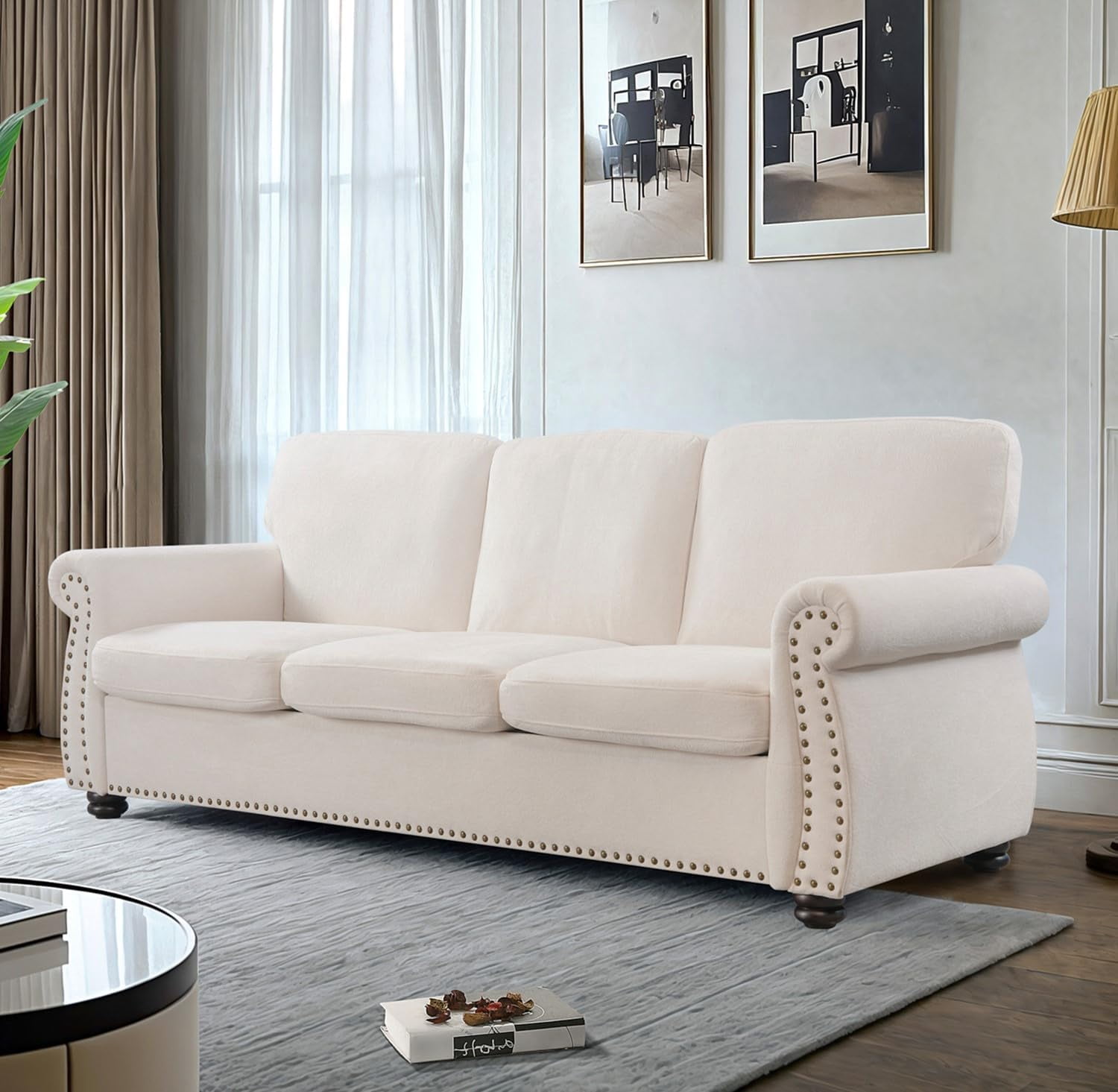 US Pride Furniture 91 in. Wide Rolled Arm Velvet Modern Rectangle Sofa in Ivory For Home