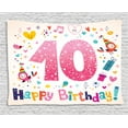 thumbnail image 1 of Number Tapestry, Happy Birthday Ten Years Kids Anniversary Greeting Party Celebration Doodle Motif, Wall Hanging for Bedroom Living Room Dorm Decor, 60W X 40L Inches, Multicolor, by Ambesonne, 1 of 2
