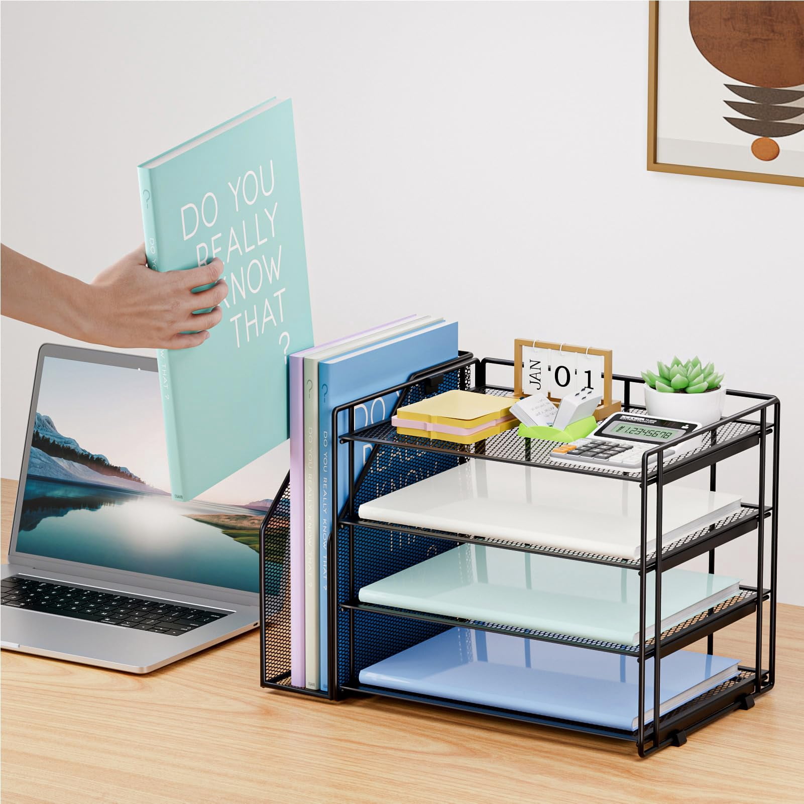 Marbrasse Desk Organizer and Accessories，4-Tier Paper Letter Tray Organizer with File Holder for Home Office Desk Supplies (Black)1 Count