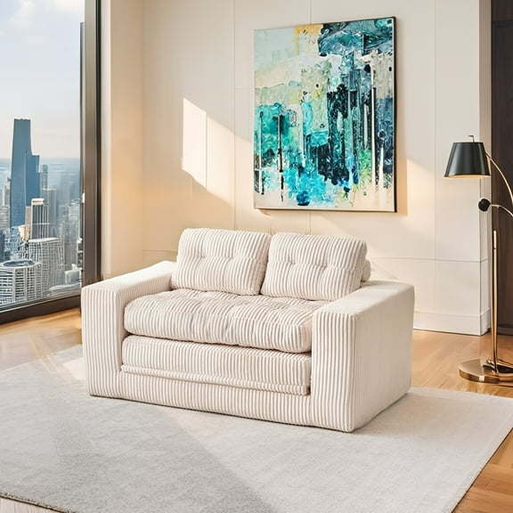 Youmumeub 2-in-1 Convertible Loveseat Sofa Bed, No Assembly "Boneless" Foam Couch, Corduroy Fabric Sleeper for Small Spaces, Living Room, Beige