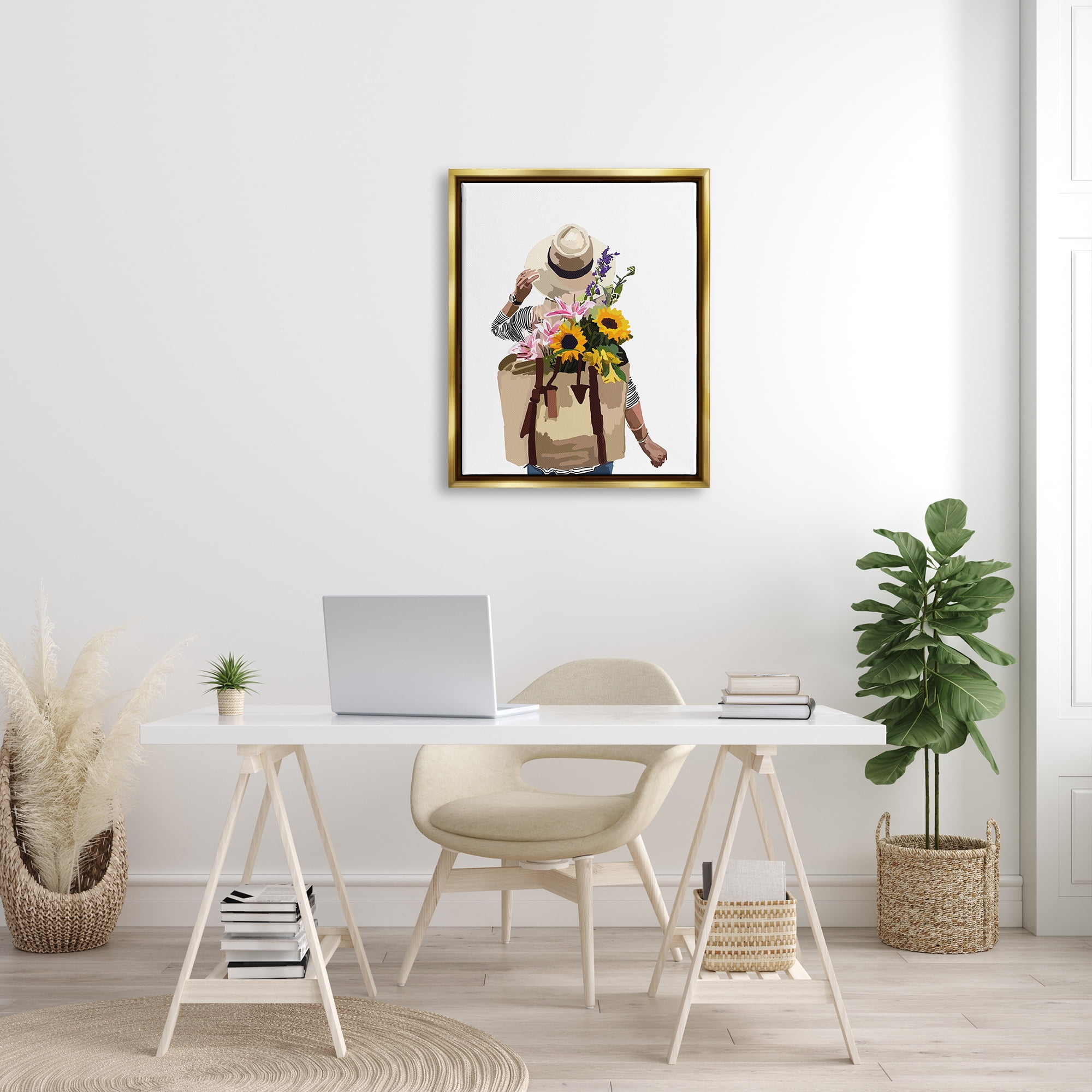 Stupell Industries Woman Carrying Floral Backpack Varied Sunflower Blossoms Graphic Art Metallic Gold Floating Framed Canvas Print Wall Art, Design by Amelia Noyes