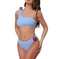 thumbnail image 4 of Conjuntos de bikini de una sola manga con flores en 3D para mujer, traje de baño asimétrico de 2 piezas en azul claro medio, 4 of 5