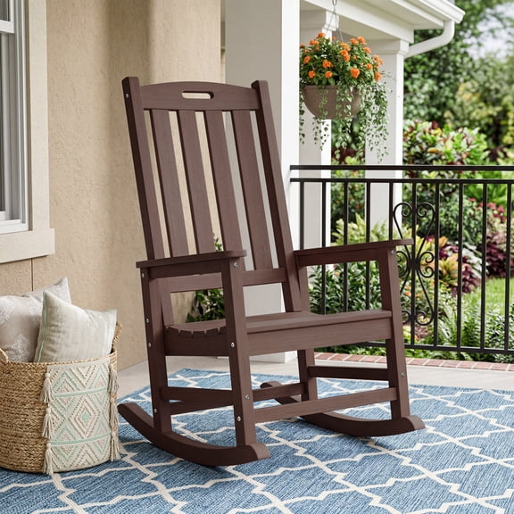 Kaleemen Oversized Outdoor Rocking Chair,Easy to Assemble High Density Polyethylene Patio Rocking Chair, Brown