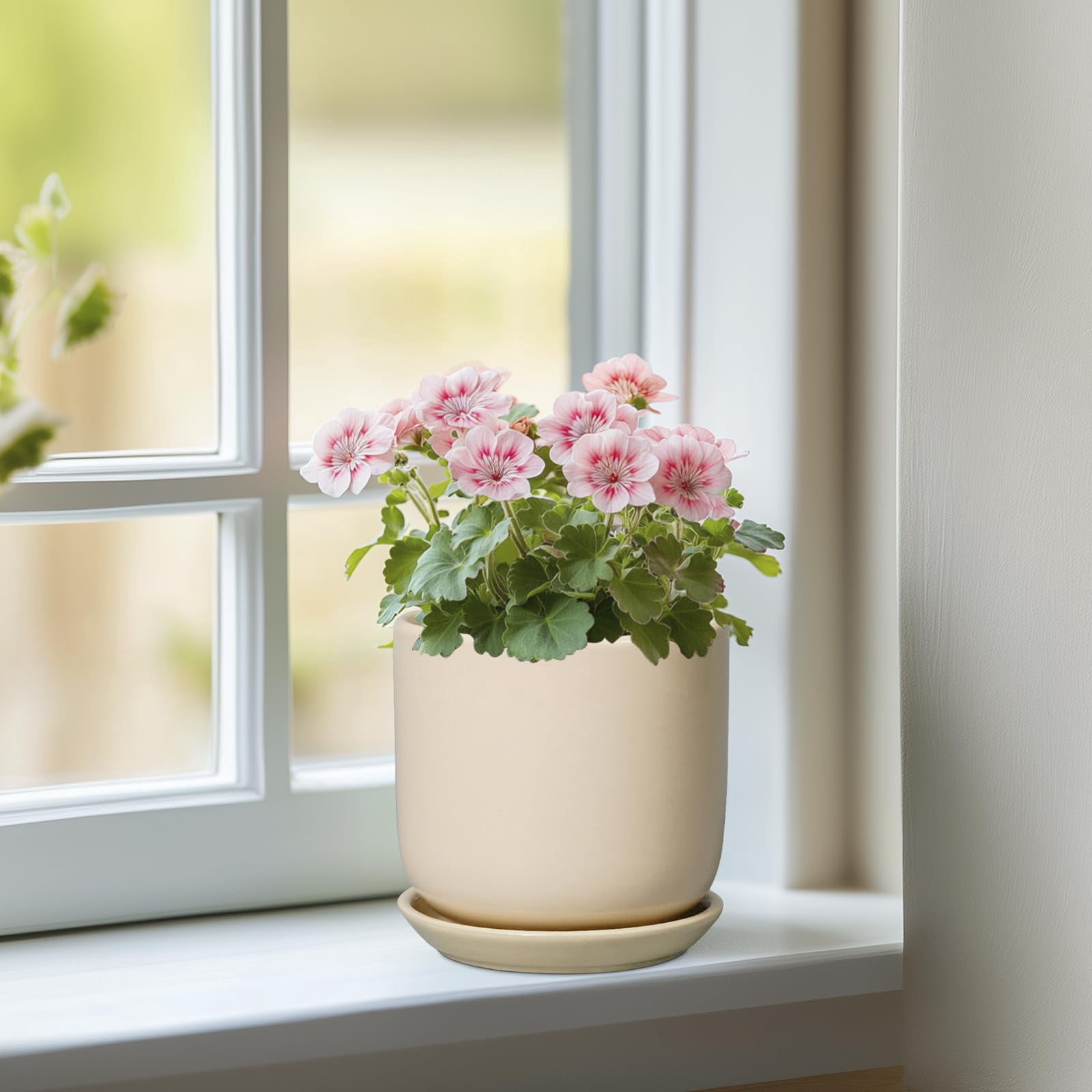 10 Inch Ceramic Planter with Drainage Hole and Saucer – Large Indoor Outdoor Flower Pot for Home Decor, Modern White Plant Pot