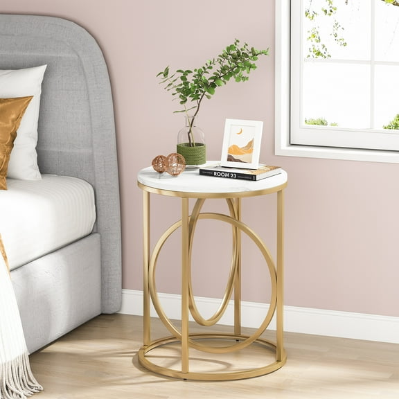 Tribesigns Morden Round End Table with Faux Marble White Top, 20” Sofa Side Table Coffee Table Cocktail Table with Unique Gold O-shaped Base, Midcentury Accent Table Nightstand for Living Room Bedroom