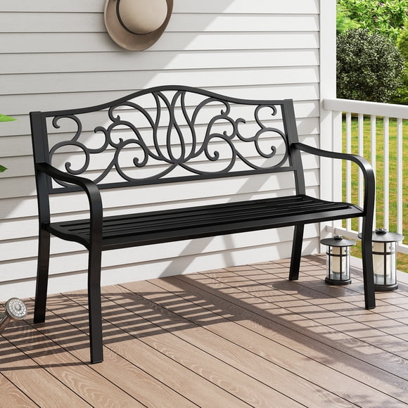 Gymax 2-person Metal Bench w/ Floral Pattern Slanted Backrest Slatted Surface Black