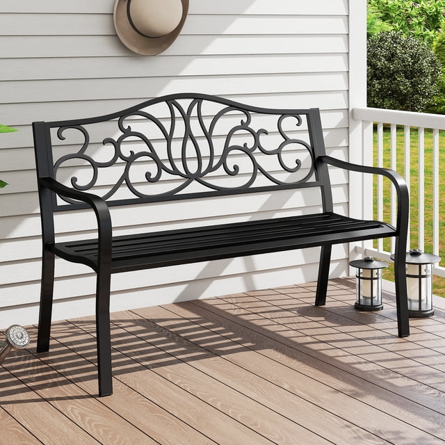 Gymax 2-person Metal Bench w/ Floral Pattern Slanted Backrest Slatted Surface Black