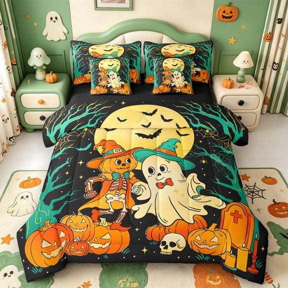 Manfei Cartoon Halloween 7-Piece Twin Bedding,Repeating Bat Pattern Bedding Comforter Set,Black Reversible