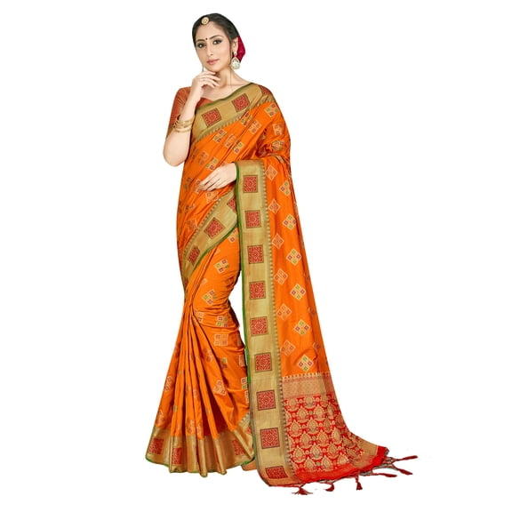 Elina fashion Sarees for Women Indian Wedding Ethnic Banarasi Art Silk Woven Work Saree, Sari with Unstitched Blouse Orange